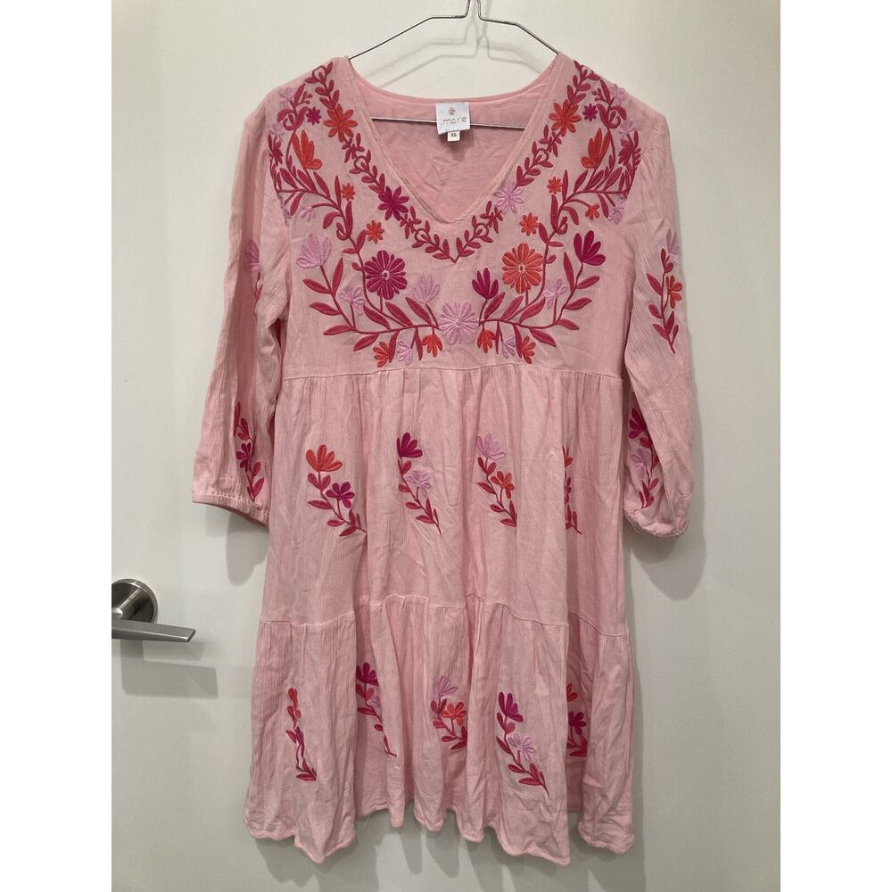 J.Marie Madeline Pink Embroidered Boho Swing Mini Dress Size XS Boho
